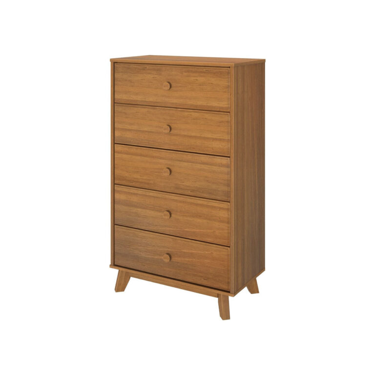 Max Lily Classic 5 Drawer Dresser Pecan Angle View Max & Lily Classic 5 Drawer Dresser in Pecan - angled view on a white background showing all five drawers and tapered legs.