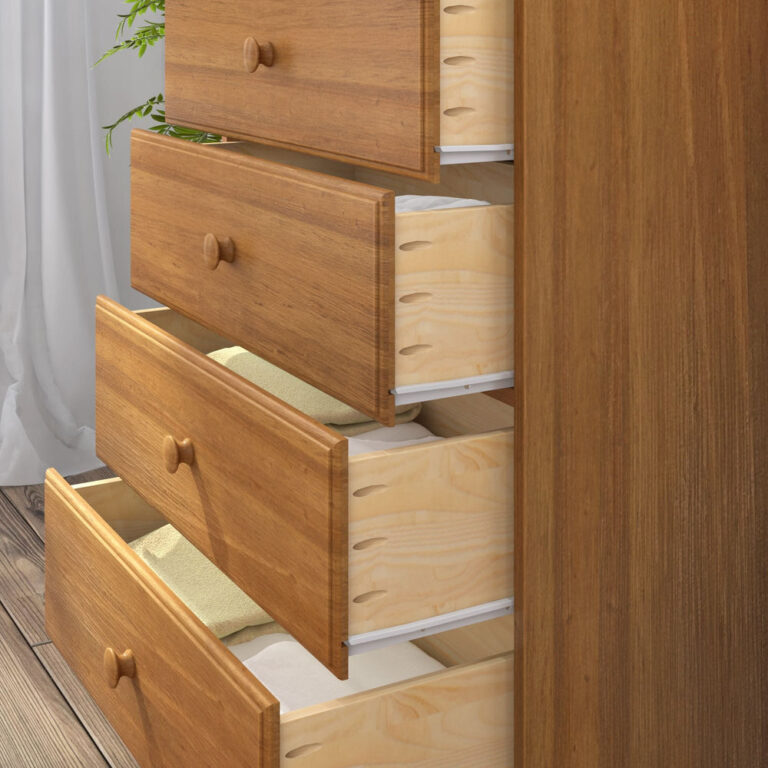 Max Lily Classic 5 Drawer Dresser Pecan Drawer Construction Max & Lily Classic 5 Drawer Dresser in Pecan - close-up detail of the drawers pulled open showing the solid wood drawer boxes and metal glides.