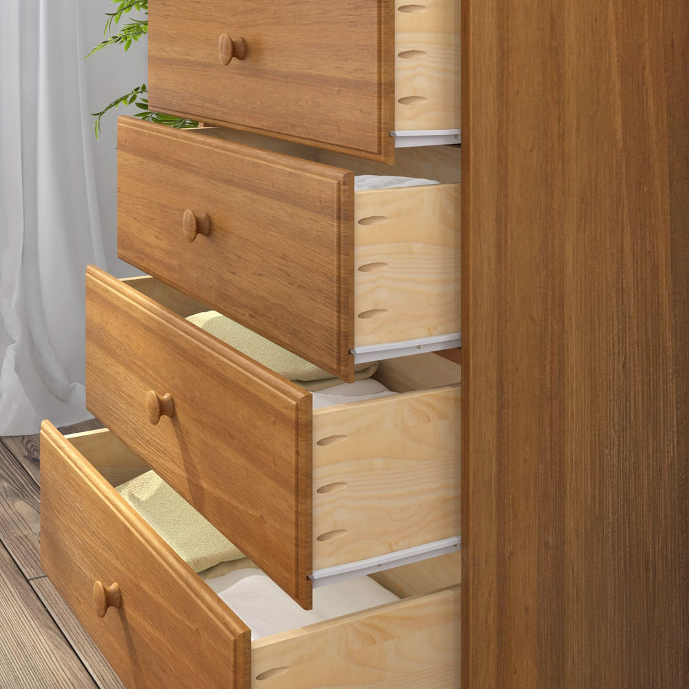 Max & Lily Classic 5 Drawer Dresser in Pecan - close-up detail of the drawers pulled open showing the solid wood drawer boxes and metal glides.