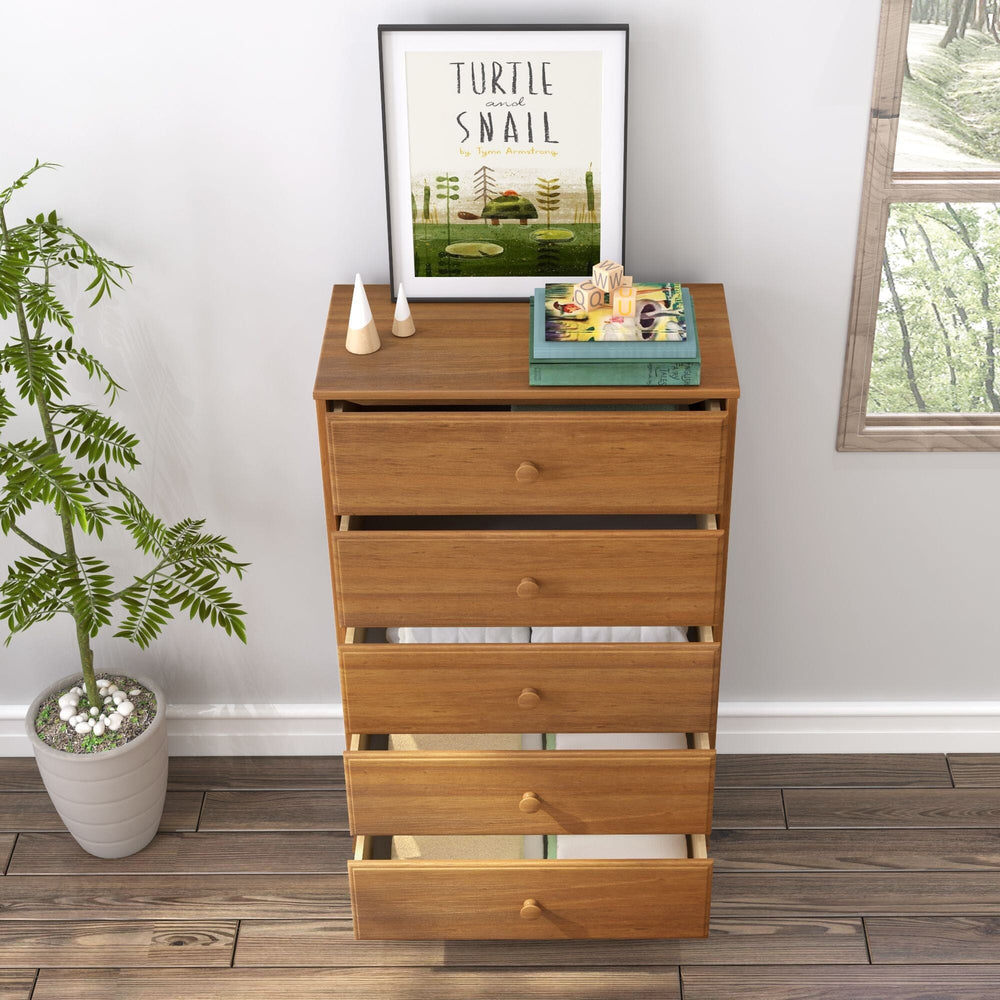 Max & Lily Classic 5 Drawer Dresser in Pecan - front view in a room with all five drawers staggered open above a wood floor.
