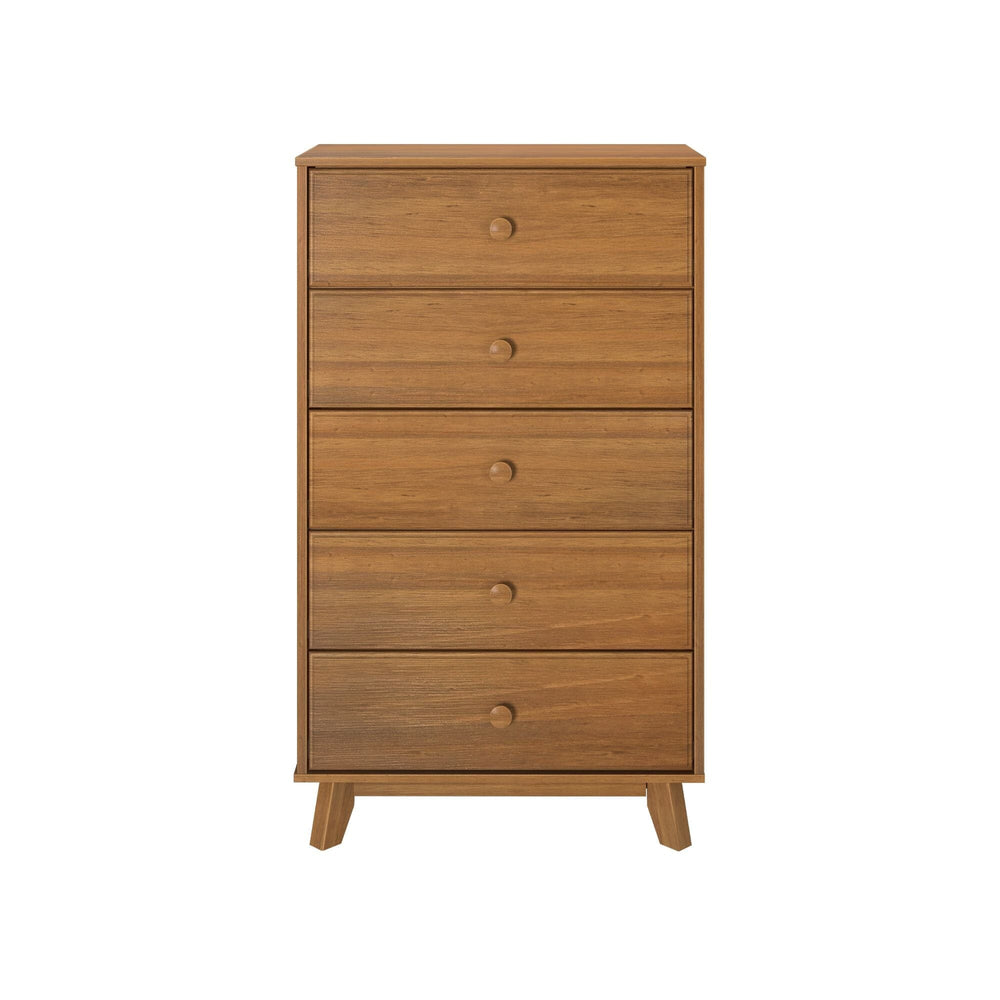 Max & Lily Classic 5 Drawer Dresser in Pecan - straight front view on a white background showing the five stacked drawers with round knobs.