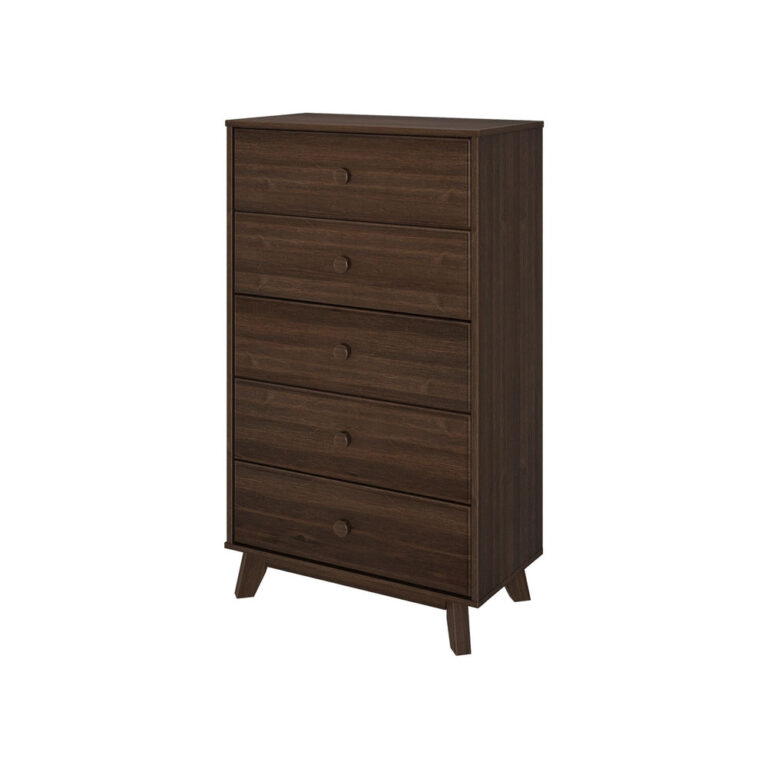 Max Lily Classic 5 Drawer Dresser Walnut Angle View Max & Lily Classic 5 Drawer Dresser in Walnut - angled product view on a white background showing five drawers and splayed legs.