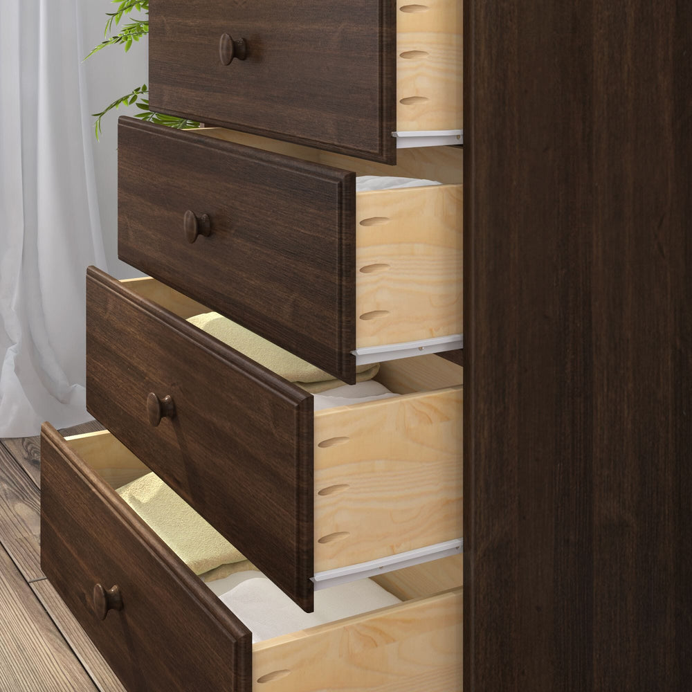 Max & Lily Classic 5 Drawer Dresser in Walnut - close-up of the open drawers showing natural wood interiors and smooth drawer glides.