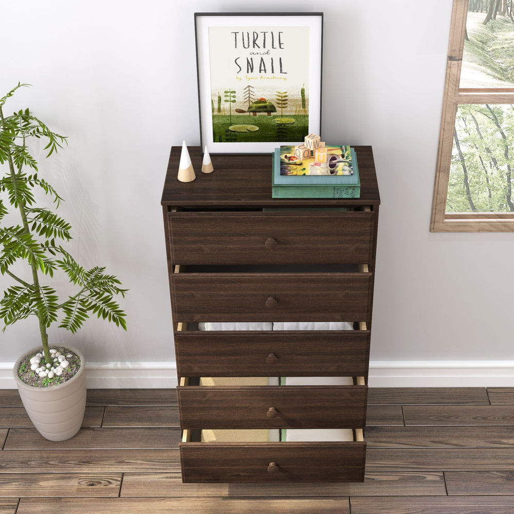 Max & Lily Classic 5 Drawer Dresser in Walnut - front view with all five drawers pulled open in a styled bedroom setting.