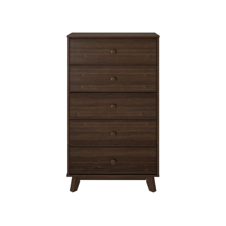 Max Lily Classic 5 Drawer Dresser Walnut Front View Max & Lily Classic 5 Drawer Dresser in Walnut - front product view on a white background showing five drawers with round knobs and angled legs.