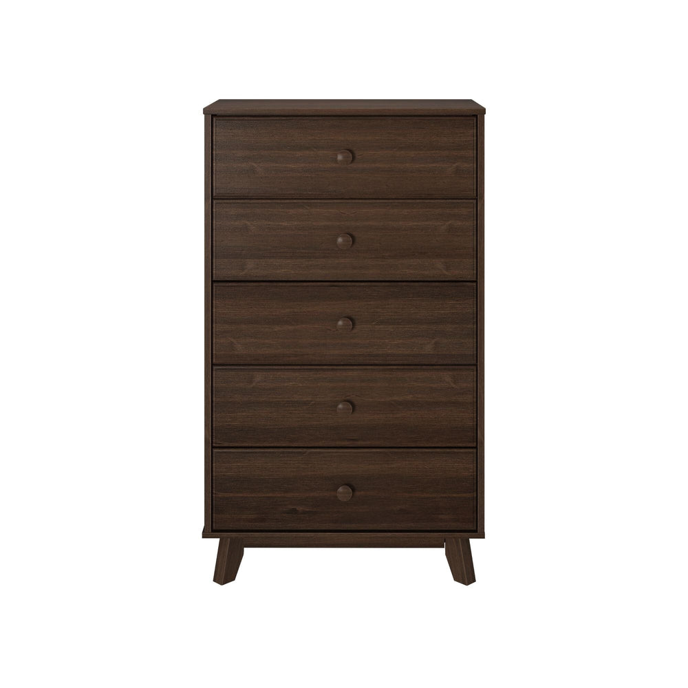Max & Lily Classic 5 Drawer Dresser in Walnut - front product view on a white background showing five drawers with round knobs and angled legs.