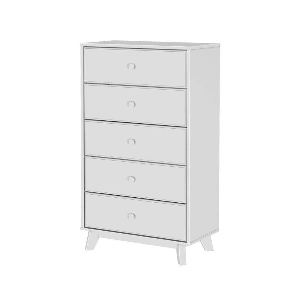 Max & Lily Classic 5 Drawer Dresser in White - angled view showing the five stacked drawers, round knobs, and splayed legs.
