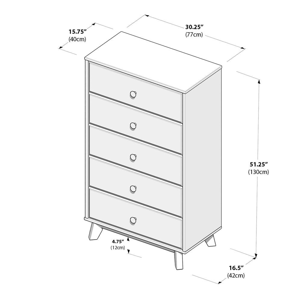 Max & Lily Classic 5 Drawer Dresser in White - dimensions diagram showing width, depth, and height measurements of the five-drawer chest.