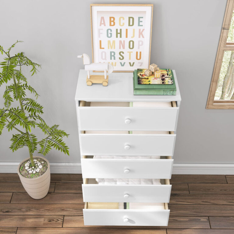 Max Lily Classic 5 Drawer Dresser White Storage Drawers Open Max & Lily Classic 5 Drawer Dresser in White - all five drawers open in a child's room showing storage space, with a plant and framed alphabet print nearby.