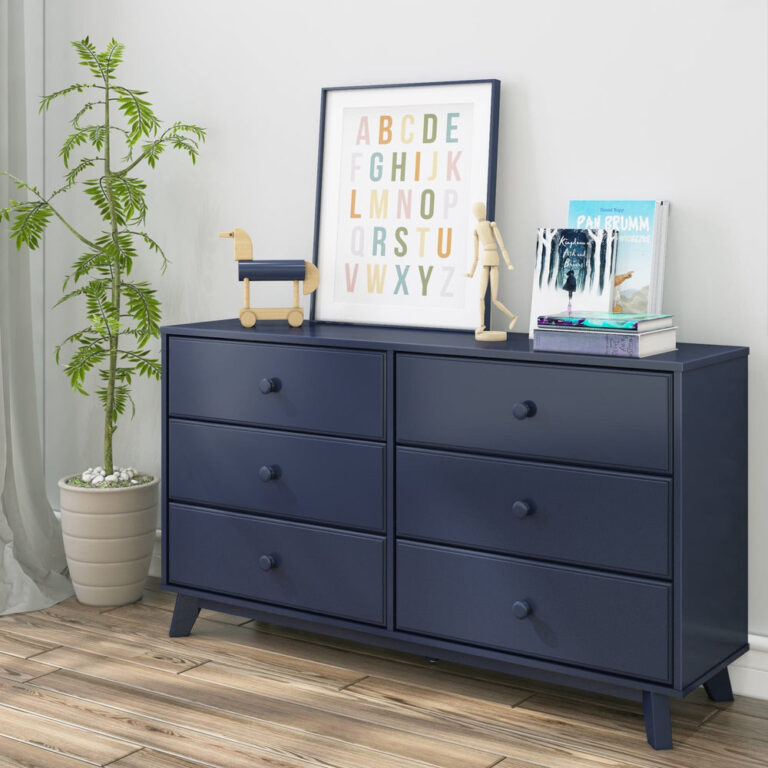 Max Lily Classic 6 Drawer Dresser Blue Room Scene 1 Max & Lily Classic 6 Drawer Dresser in Blue - angled in a child's room with a potted plant and alphabet wall art on top.