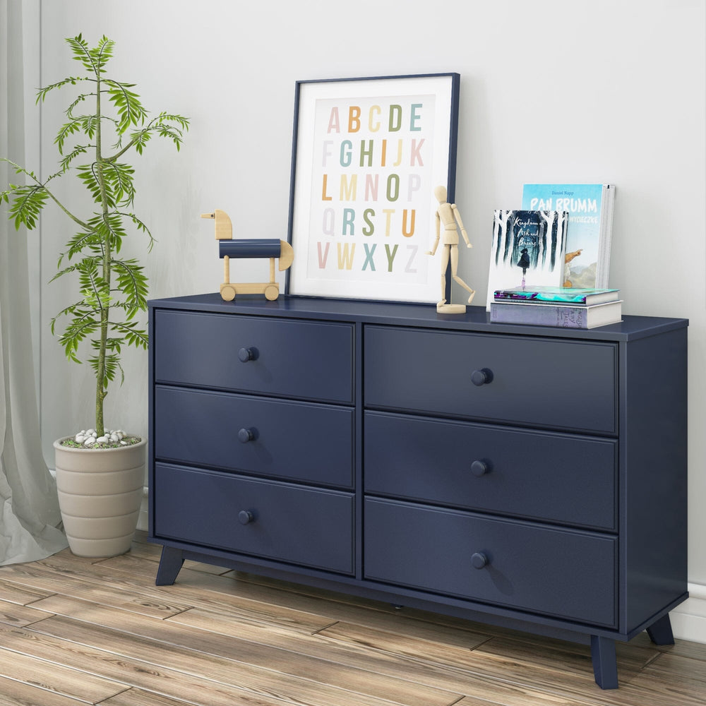 Max Lily Classic 6 Drawer Dresser Blue Room Scene 1 Max & Lily Classic 6 Drawer Dresser in Blue - angled in a child's room with a potted plant and alphabet wall art on top.