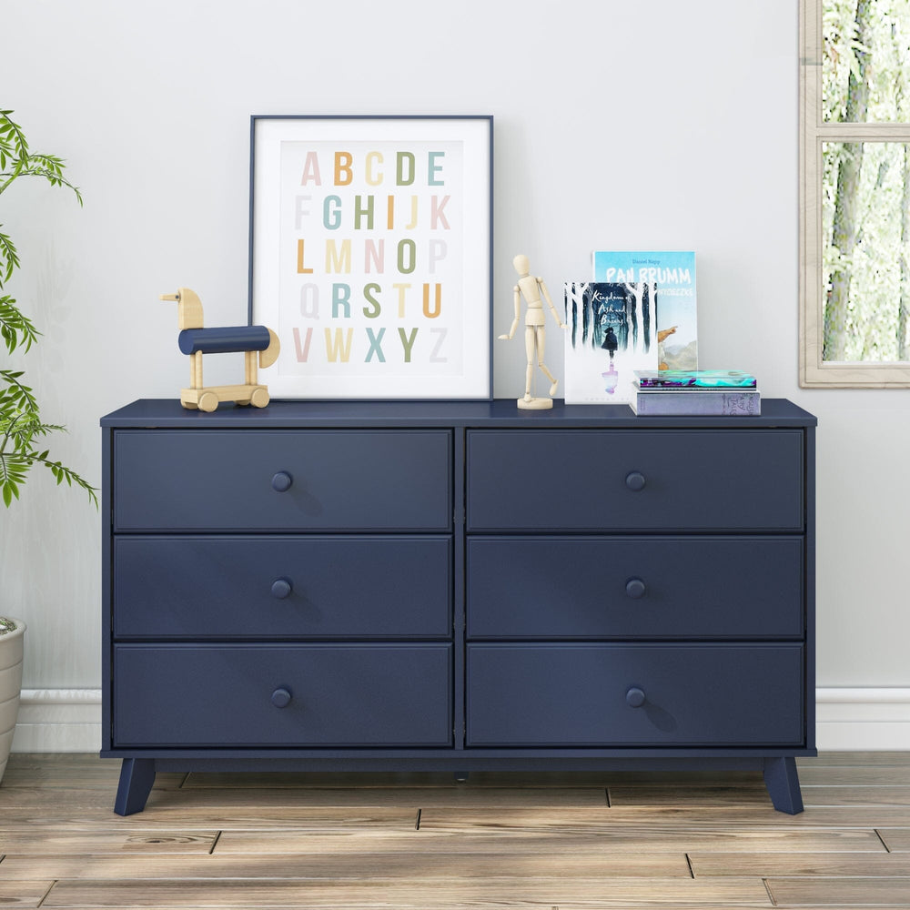 Max Lily Classic 6 Drawer Dresser Blue Room Scene 2 Max & Lily Classic 6 Drawer Dresser in Blue - shown front-on in a bedroom with alphabet art, books and a window.