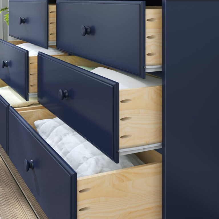 Max Lily Classic 6 Drawer Dresser Blue Storage Drawers Open 5 Max & Lily Classic 6 Drawer Dresser in Blue - close-up of open drawers revealing dovetailed solid-wood drawer boxes with folded bedding inside.