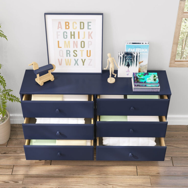 Max Lily Classic 6 Drawer Dresser Blue Storage Drawers Open 6 Max & Lily Classic 6 Drawer Dresser in Blue - all six drawers open in a room, showing folded clothing and full storage capacity.