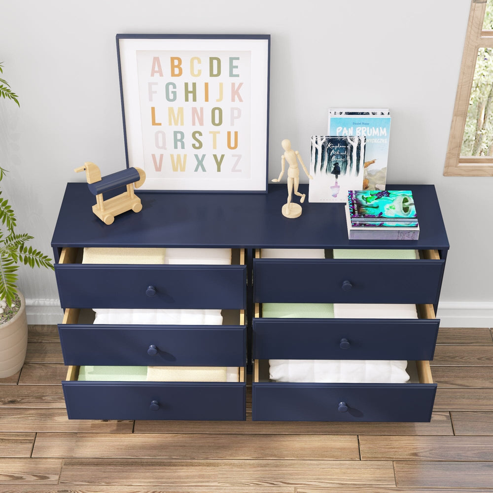 Max Lily Classic 6 Drawer Dresser Blue Storage Drawers Open 6 Max & Lily Classic 6 Drawer Dresser in Blue - all six drawers open in a room, showing folded clothing and full storage capacity.
