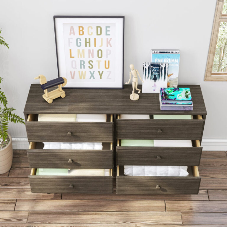 Max Lily Classic 6 Drawer Dresser Clay Drawers Open Max & Lily Classic 6 Drawer Dresser in Clay - all six drawers open in a styled room showing folded clothes and linens stored inside.