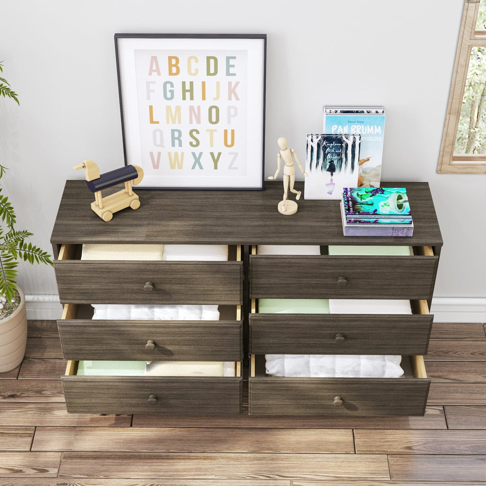 Max Lily Classic 6 Drawer Dresser Clay Drawers Open Max & Lily Classic 6 Drawer Dresser in Clay - all six drawers open in a styled room showing folded clothes and linens stored inside.