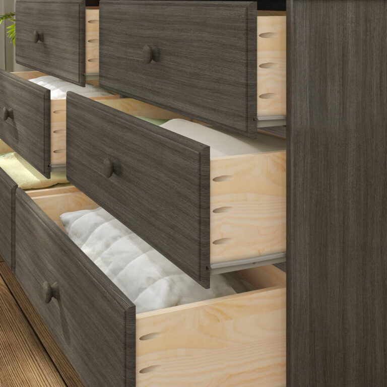 Max Lily Classic 6 Drawer Dresser Clay Storage Drawers Open Max & Lily Classic 6 Drawer Dresser in Clay - close-up of the drawers pulled open revealing the solid pine drawer boxes and stored bedding.