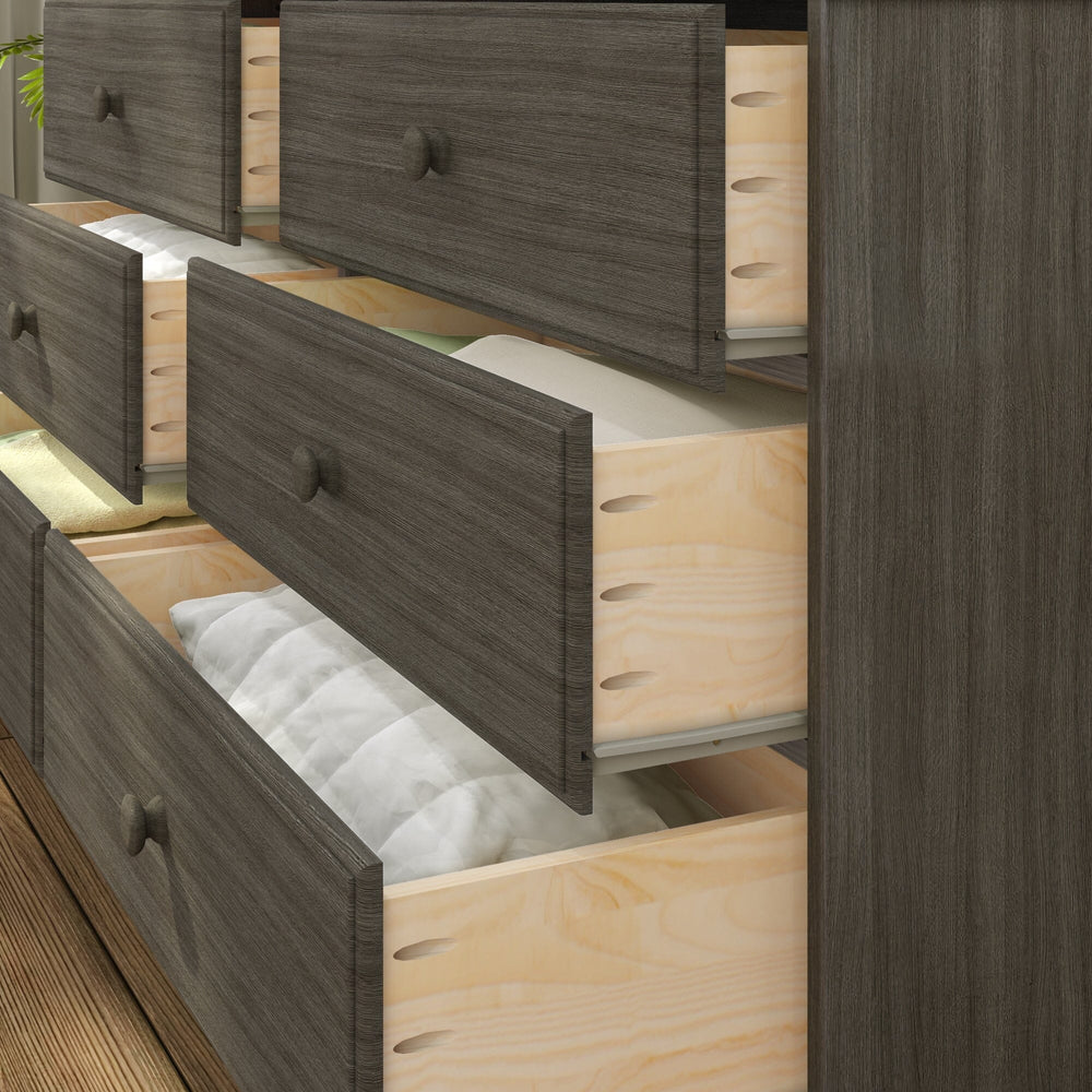 Max Lily Classic 6 Drawer Dresser Clay Storage Drawers Open Max & Lily Classic 6 Drawer Dresser in Clay - close-up of the drawers pulled open revealing the solid pine drawer boxes and stored bedding.