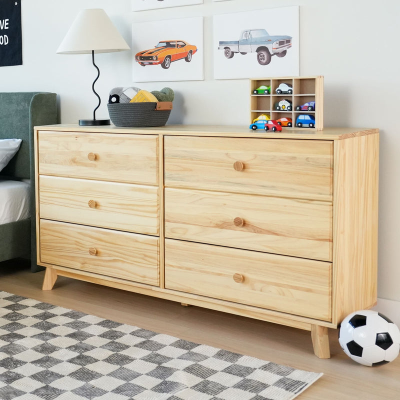 Max Lily Classic 6 Drawer Dresser Natural Angle View Room Scene Max & Lily Classic 6 Drawer Dresser in Natural - angled view styled in a kids' bedroom with a lamp, toy cars, and framed car artwork above.