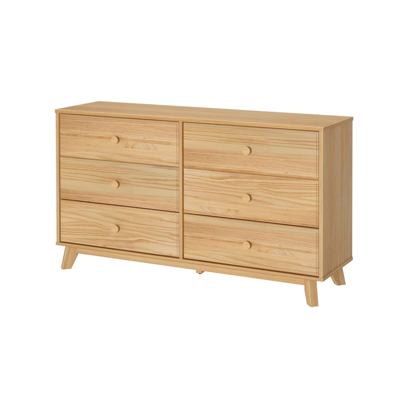 Max Lily Classic 6 Drawer Dresser Natural Angle View Max & Lily Classic 6 Drawer Dresser in Natural - three-quarter angle view on a white background showing all six drawers and tapered legs.