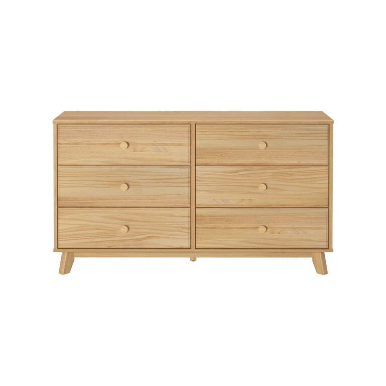 Max Lily Classic 6 Drawer Dresser Natural Front View Max & Lily Classic 6 Drawer Dresser in Natural - straight front view on a white background with round wooden knobs on all six drawers.