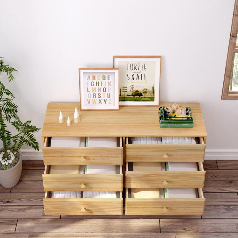 Max Lily Classic 6 Drawer Dresser Natural Storage Drawers Open Max & Lily Classic 6 Drawer Dresser in Natural - all six drawers pulled open to show the storage space, styled with framed prints and books.