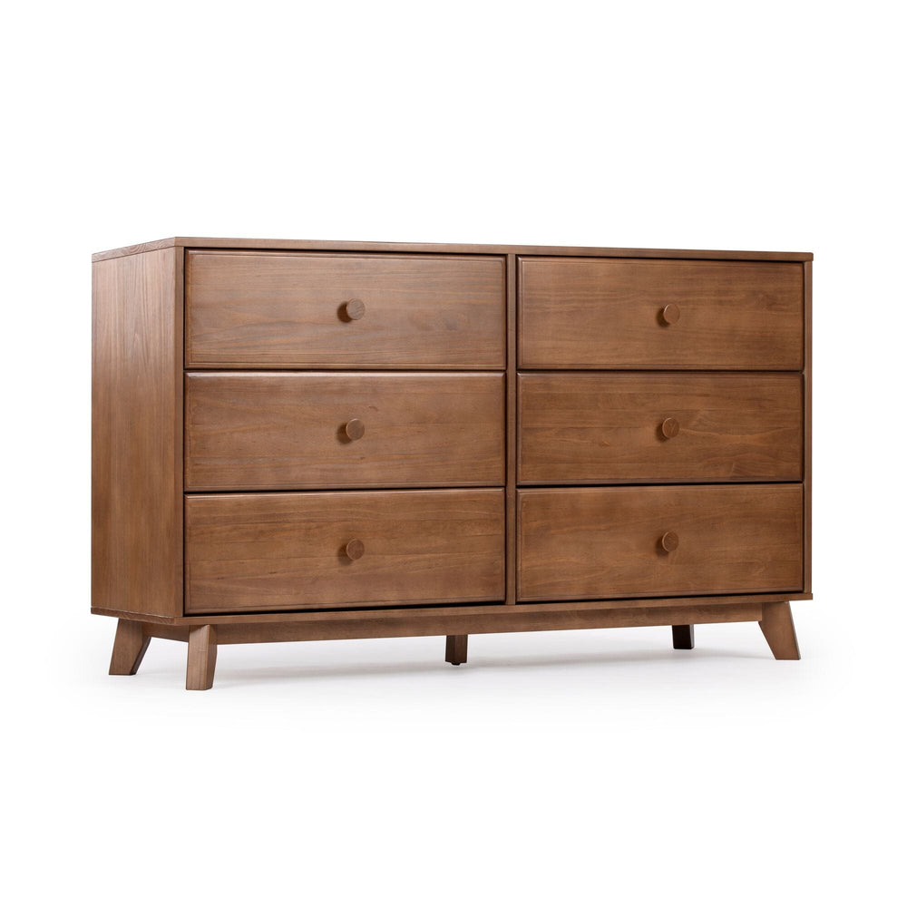 Max Lily Classic 6 Drawer Dresser Pecan Angle View Max & Lily Classic 6 Drawer Dresser in Pecan - three-quarter angle view showing the six drawers, round wooden knobs, and tapered legs.