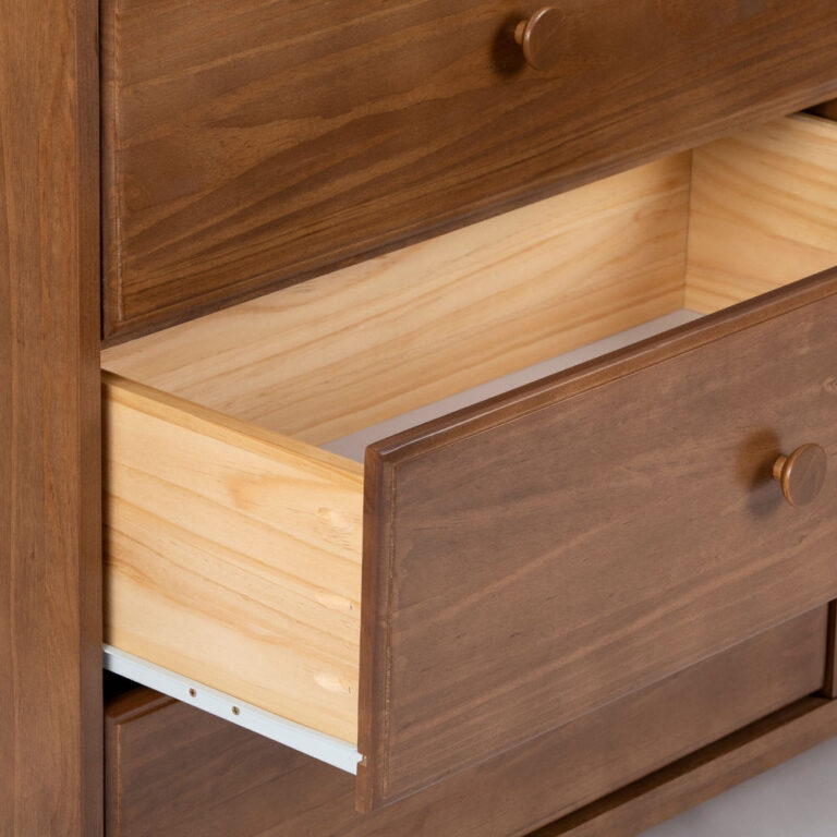 Max Lily Classic 6 Drawer Dresser Pecan Drawer Construction Detail Max & Lily Classic 6 Drawer Dresser in Pecan - close-up of an open drawer showing the solid wood drawer box and metal glide.
