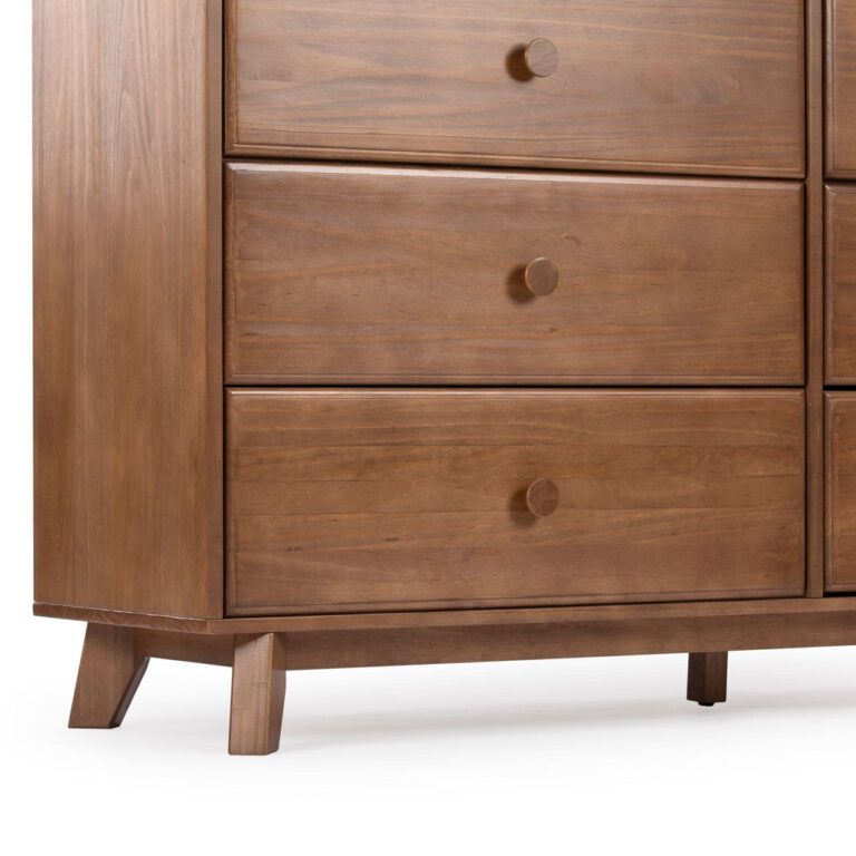 Max Lily Classic 6 Drawer Dresser Pecan Drawer Knob Detail Max & Lily Classic 6 Drawer Dresser in Pecan - close-up of the lower drawers, round wooden knobs, and splayed tapered legs.