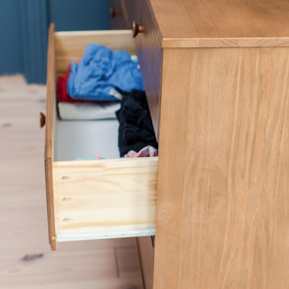 Max Lily Classic 6 Drawer Dresser Pecan Drawer Open Max & Lily Classic 6 Drawer Dresser in Pecan - a drawer pulled open and filled with folded clothes beside the wood-grain side panel.