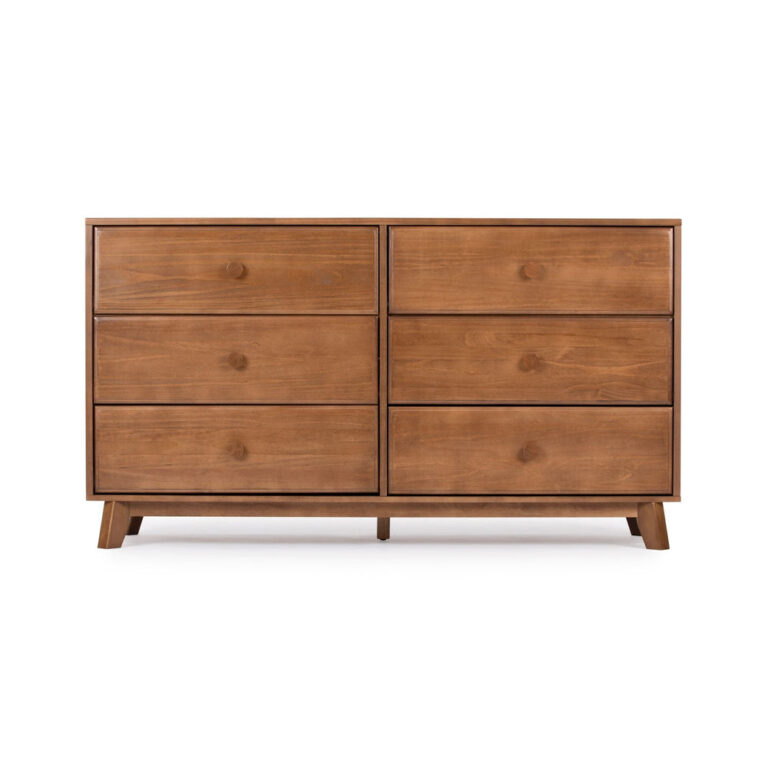 Max Lily Classic 6 Drawer Dresser Pecan Front View Max & Lily Classic 6 Drawer Dresser in Pecan - straight-on front view of the six drawers with round wooden knobs.