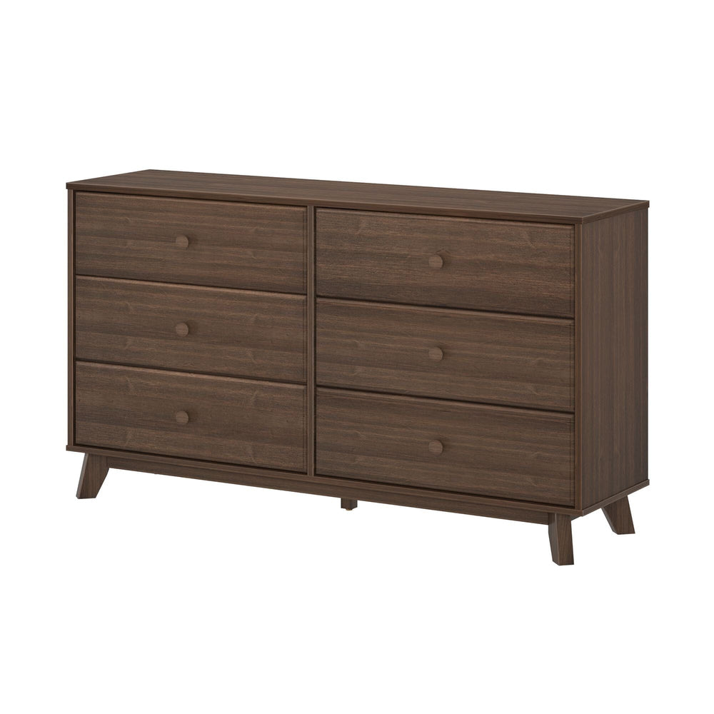 Max Lily Classic 6 Drawer Dresser Walnut Angle View Max & Lily Classic 6 Drawer Dresser in Walnut - three-quarter angle view on a white background showing all six drawers and tapered legs.