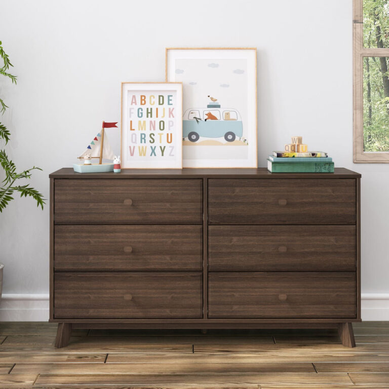 Max Lily Classic 6 Drawer Dresser Walnut Room Scene 2 Max & Lily Classic 6 Drawer Dresser in Walnut - front view styled in a bright room with framed prints, books, and a window.