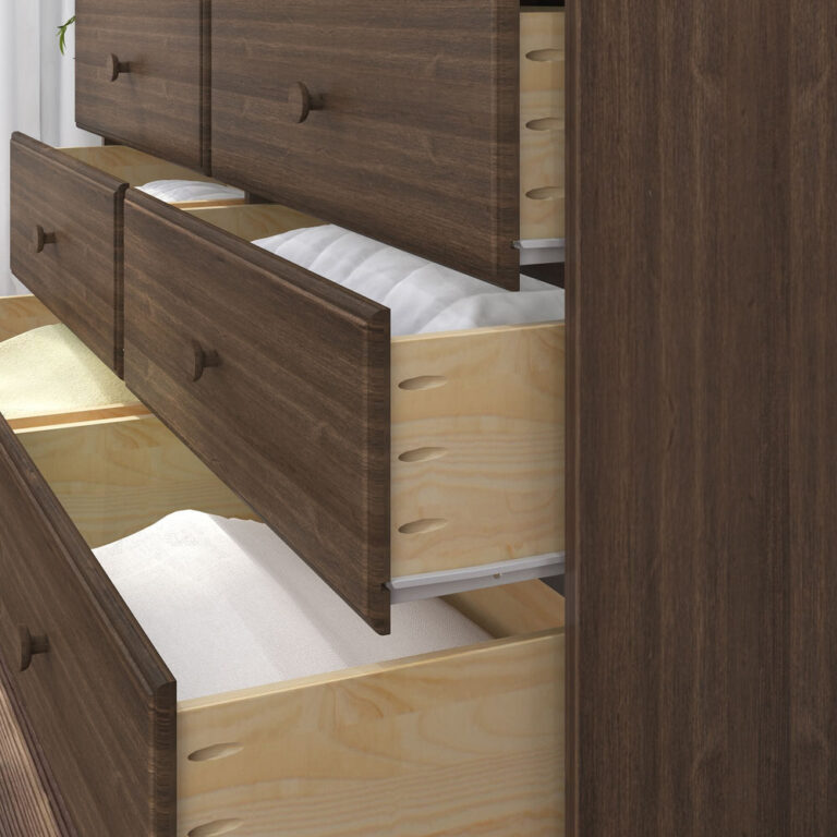 Max Lily Classic 6 Drawer Dresser Walnut Storage Drawers Open Max & Lily Classic 6 Drawer Dresser in Walnut - close-up of open drawers showing the solid wood drawer boxes and interior.