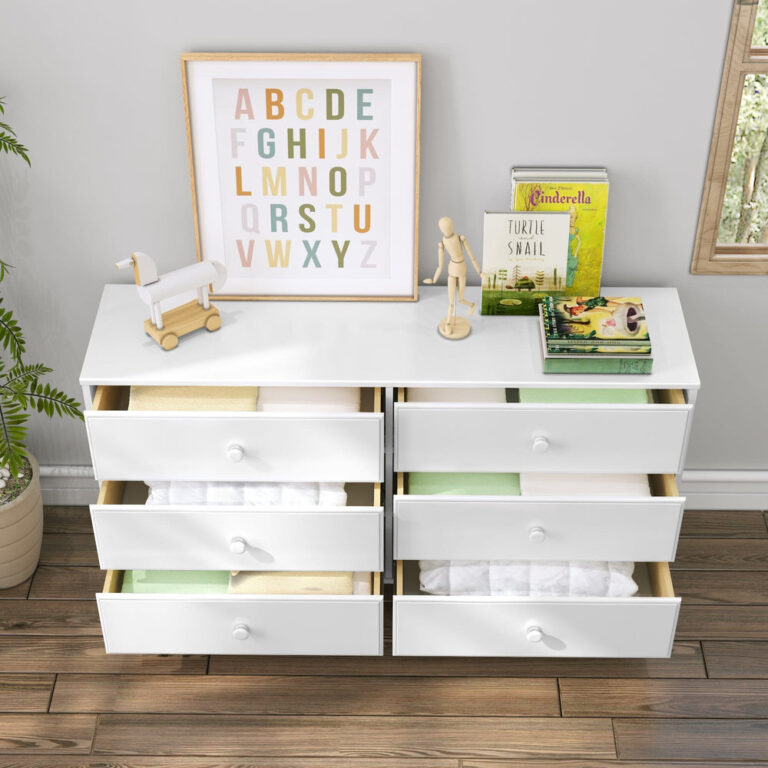 Max Lily Classic 6 Drawer Dresser White Drawers Open Max & Lily Classic 6 Drawer Dresser in White - all six drawers open showing folded clothing and linens inside a child's room.