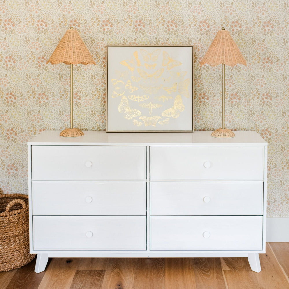 Max Lily Classic 6 Drawer Dresser White Front View Max & Lily Classic 6 Drawer Dresser in White - front view in a styled room with rattan lamps and butterfly art displayed above.