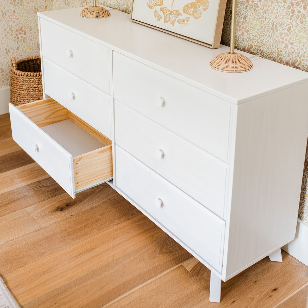 Max Lily Classic 6 Drawer Dresser White Storage Drawer Open Max & Lily Classic 6 Drawer Dresser in White - shown in a room with a lower drawer pulled open to reveal the pine drawer box.