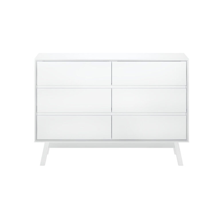Max Lily Mid Century Modern 6 Drawer Dresser White Front View Max & Lily Mid Century Modern 6 Drawer Dresser in White - front view showing six drawers and angled mid-century legs.