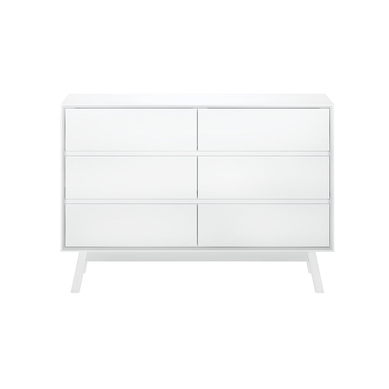 Max Lily Mid Century Modern 6 Drawer Dresser White Front View Max & Lily Mid Century Modern 6 Drawer Dresser in White - front view showing six drawers and angled mid-century legs.