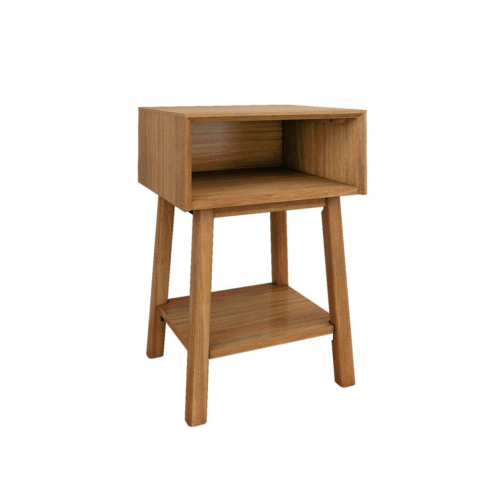 Max & Lily Mid-Century Modern Cubby Night Stand in Pecan - angled view on a white background showing the open cubby and lower shelf on splayed legs.