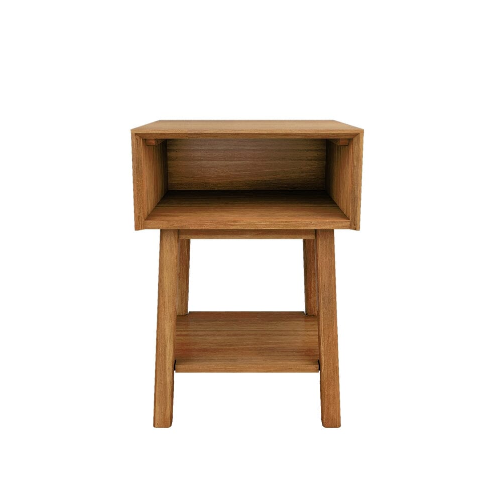 Max & Lily Mid-Century Modern Cubby Night Stand in Pecan - front view on a white background showing the open cubby and lower shelf.