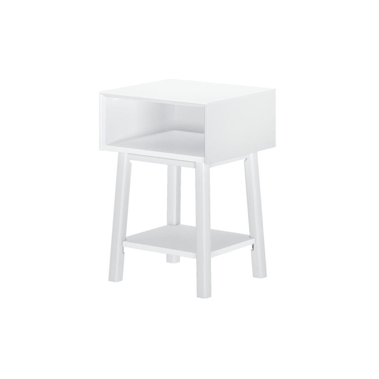Max Lily Mid Century Modern Cubby Night Stand White Angle View Max & Lily Mid-Century Modern Cubby Night Stand in White - angled view on a white background showing the open cubby and lower storage shelf.