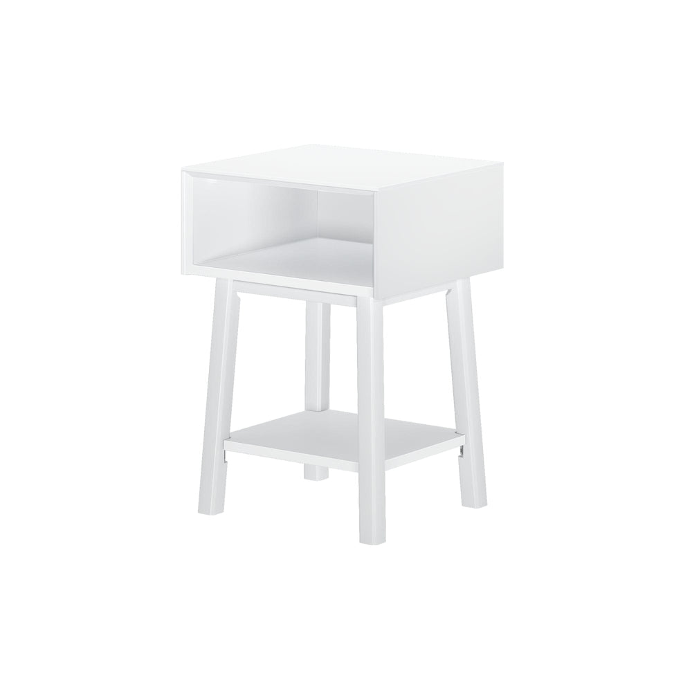 Max & Lily Mid-Century Modern Cubby Night Stand in White - angled view on a white background showing the open cubby and lower storage shelf.