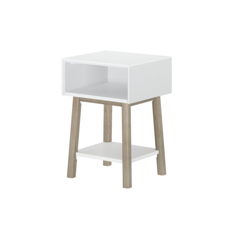 Max Lily Mid Century Modern Cubby Night Stand White Blonde Angle View Max & Lily Mid-Century Modern Cubby Night Stand in White/Blonde - angled studio view on a plain background revealing the open cubby and lower storage shelf on tapered wood legs.