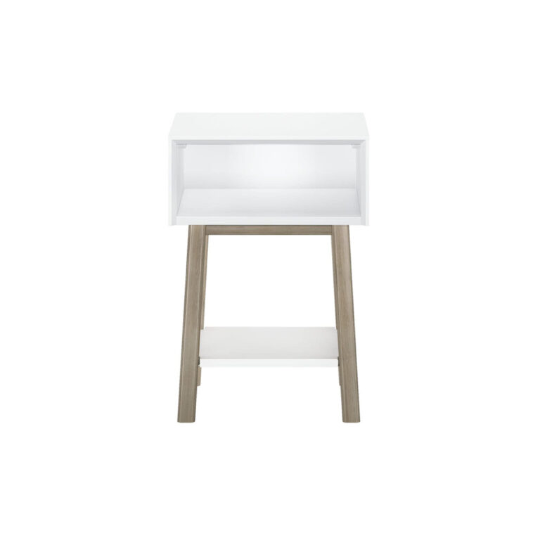 Max Lily Mid Century Modern Cubby Night Stand White Blonde Front View Max & Lily Mid-Century Modern Cubby Night Stand in White/Blonde - front studio view on a plain background showing the open cubby, lower shelf, and angled wood legs.