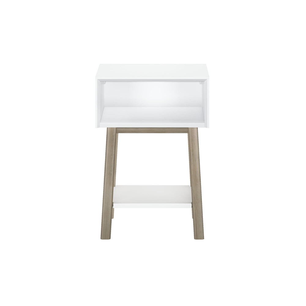 Max & Lily Mid-Century Modern Cubby Night Stand in White/Blonde - front studio view on a plain background showing the open cubby, lower shelf, and angled wood legs.