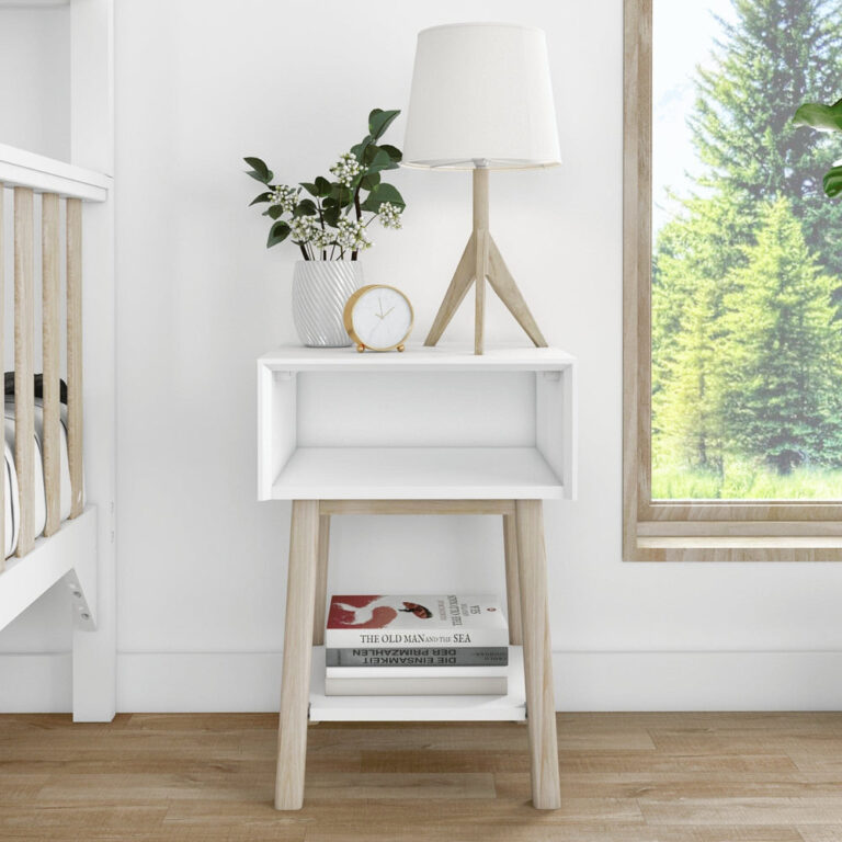 Max Lily Mid Century Modern Cubby Night Stand White Blonde Room Scene 2 Max & Lily Mid-Century Modern Cubby Night Stand in White/Blonde - shown next to a bunk bed with a lamp, plant, and books stored on the bottom shelf.