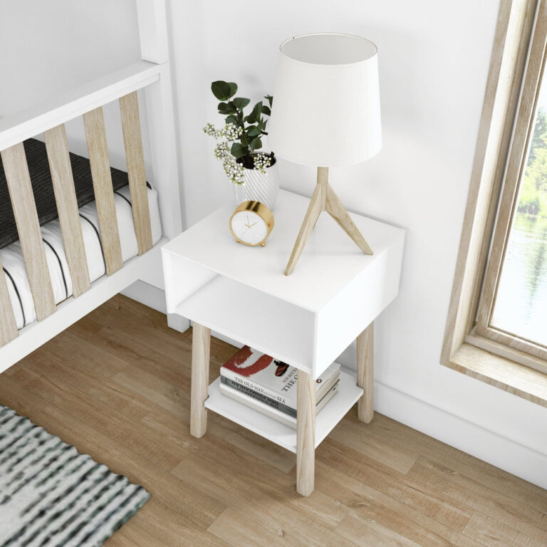 Max Lily Mid Century Modern Cubby Night Stand White Blonde Room Scene 5 Max & Lily Mid-Century Modern Cubby Night Stand in White/Blonde - viewed from above in a bedroom corner beside a bunk bed, styled with a lamp, plant, clock, and books.