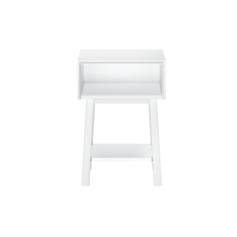 Max Lily Mid Century Modern Cubby Night Stand White Front View Max & Lily Mid-Century Modern Cubby Night Stand in White - front view on a white background showing the open cubby shelf and angled legs.
